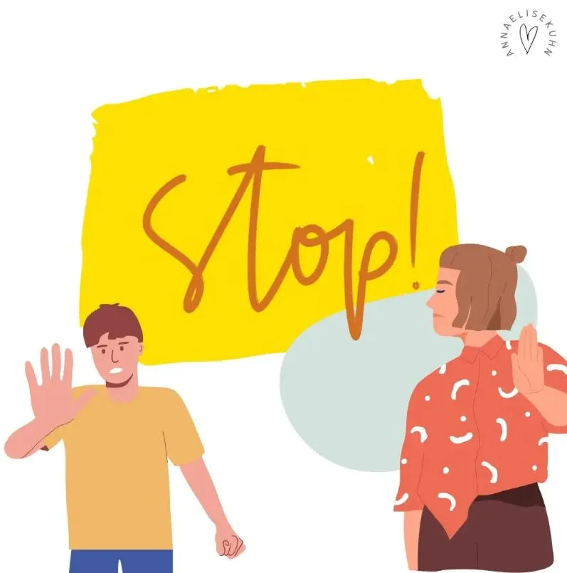Illustration: Zwei Menschen heben abwehrend die Hand, Schriftzug: Stop!